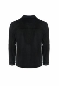 Giacca in suede nera con maniche lunghe, colletto e cuciture in vista. Presenta bottoni ai polsini e una superficie liscia. Vista posteriore mostrata.