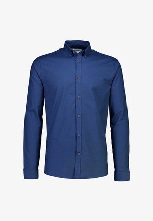 Overhemd met knopen in donkerblauwe stof. Heeft lange mouwen, een gestructureerde kraag en vijf knopen aan de voorkant. Gladde textuur, klassiek ontwerp.