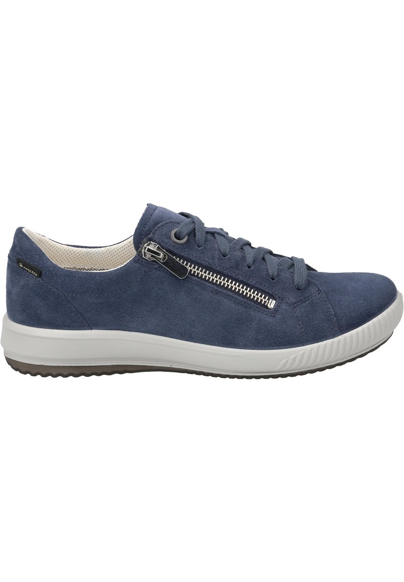 Blue suede sneaker with a white rubber sole, featuring grey laces and a silver zipper detail on the side for easy access.
