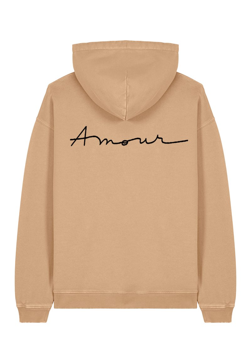 Felpa beige con un cappuccio ampio e polsini a costine. Presenta la scritta in corsivo nera "Amour" stampata sulla schiena. Tessuto morbido.
