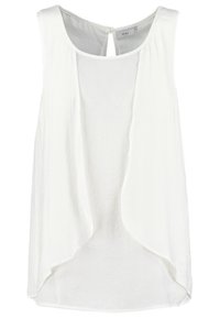 Haut blanc sans manches en tissu léger, avec un col rond, un devant drapé et un détail à œillet dans le dos.