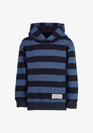 Blå og marineblå stribet bomuldshoodie med en frontlomme, ribbede manchetter og en stor hætte. Har et mærke i bunden.
