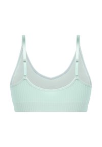 Licht muntgroene bralette met ribbeltextuur, verstelbare banden en een zachte, naadloze uitstraling. Heeft geen beugels voor extra comfort.