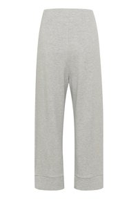 Grijze cropped broek gemaakt van zachte stof, met een brede tailleband en manchetten aan de onderkant. Eenvoudig ontwerp zonder zichtbare patronen of accenten.