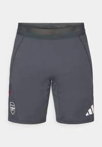 Sivé športové šortky z ľahkého materiálu, s priehľadným pásom, bočnými švami, bielym logom Adidas a znakom Arsenalu.