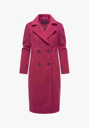 Doppelt gefütterter Mantel aus fuchsia Wolle-Mix, mit Reverskragen, langen Ärmeln, zwei Fronttaschen und schwarzen Knöpfen.