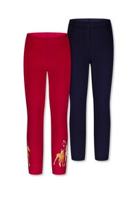 Twee paar kinderleggings: de ene rood met een paardenafbeelding en harten, de andere effen marineblauw. Beiden hebben elastische taillebanden en een gladde textuur.