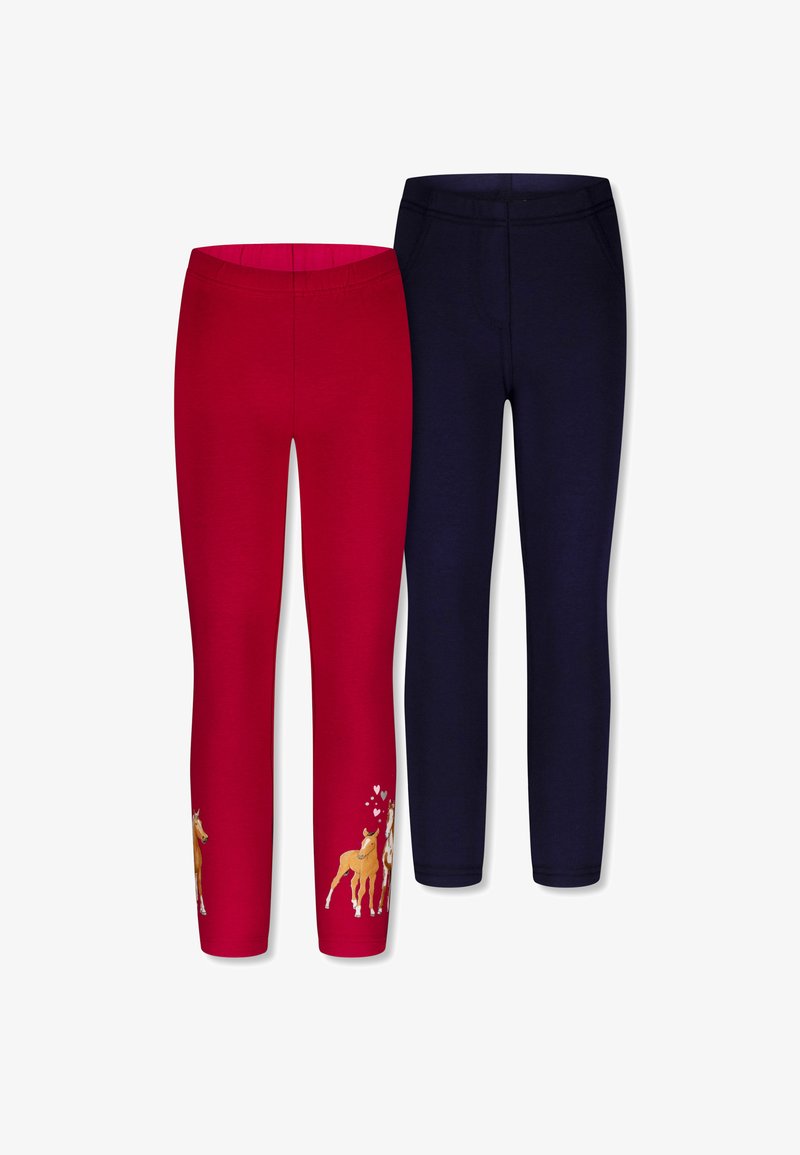 Twee paar kinderleggings: de ene rood met een paardenafbeelding en harten, de andere effen marineblauw. Beiden hebben elastische taillebanden en een gladde textuur.