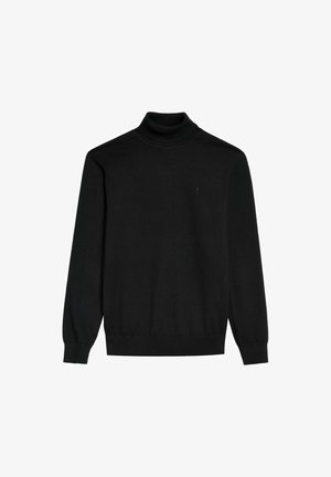 Czarny sweter z golfem z miękkiej dzianiny, z długimi rękawami, dopasowanymi mankietami i subtelnym logo na klatce piersiowej. Klasyczny design.