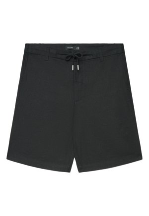 Schwarze Freizeithosen mit Kordelzug in der Taille, Gürtelschlaufen und Seitentaschen, flach auf weißem Hintergrund präsentiert.