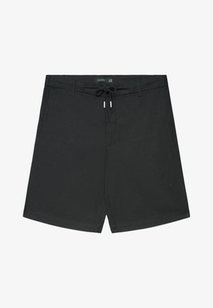 Schwarze Freizeithosen mit Kordelzug in der Taille, Gürtelschlaufen und Seitentaschen, flach auf weißem Hintergrund präsentiert.