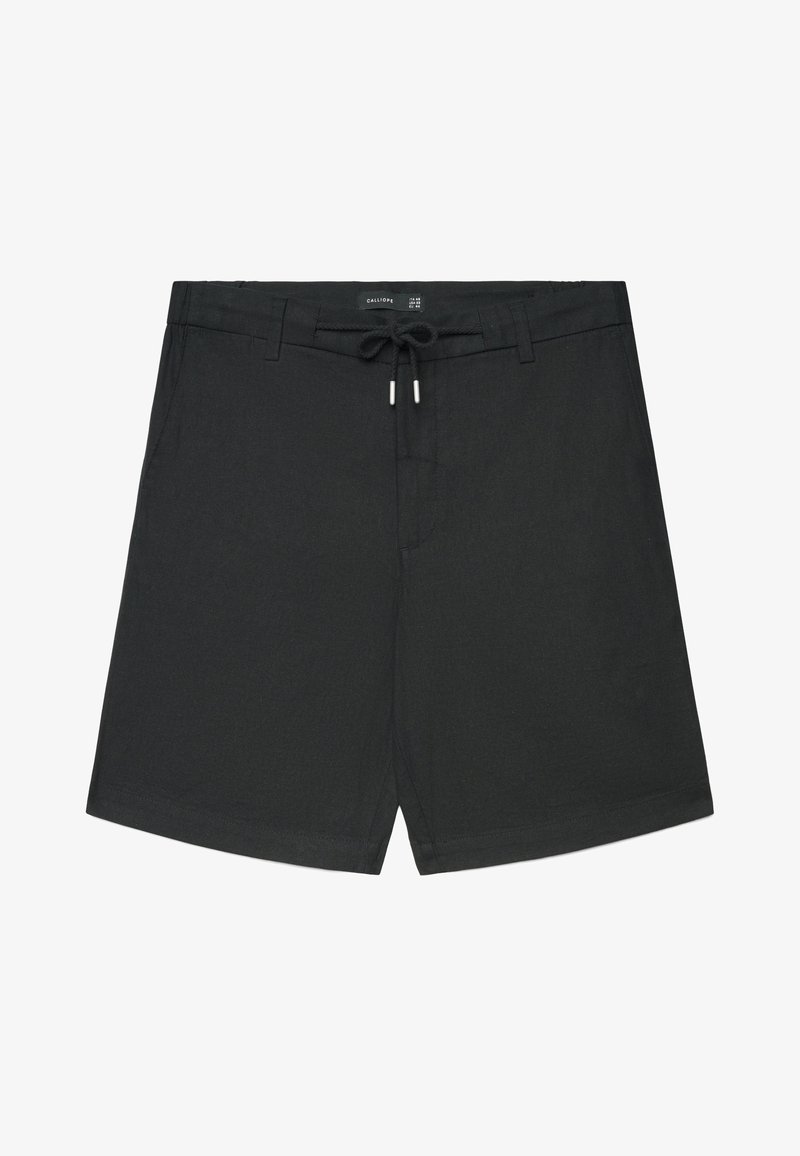 Shorts décontractés noirs avec une taille à cordon, des passants pour ceinture et des poches latérales, présentés à plat sur un fond blanc.