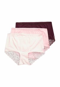 Tre paia di mutandine da donna in morbido cotone, con colori rosa e bordeaux; dettaglio in pizzo sul retro con motivi floreali.