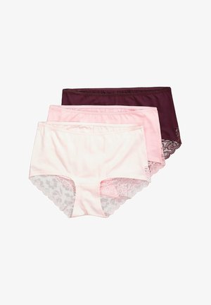 Drei Paare Damenunterwäsche aus weicher Baumwolle, in den Farben Pink und Burgunder; Spitzenverzierungen auf der Rückseite mit floralen Mustern.