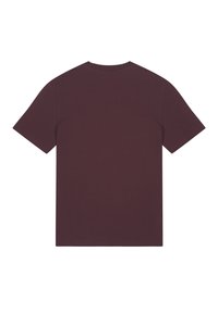 Bordeauxrotes T-Shirt mit kurzen Ärmeln und rundem Halsausschnitt, aus weichem Stoff gefertigt, mit glatter Textur und einem schlichten, unauffälligen Design.