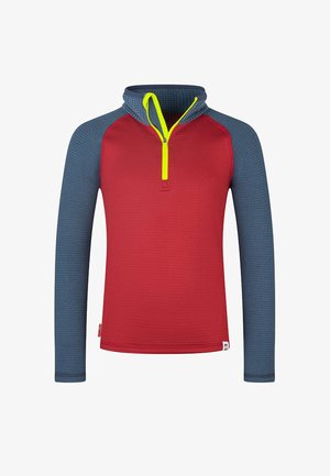 Red long-sleeve pullover with blue textured sleeves, half zip, and bright yellow zipper pull. Features a fitted design and contrasting colors.