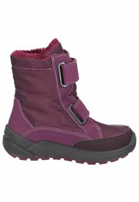 Botas altas con un upper de tela púrpura, que cuentan con un forro de felpa, una amplia correa de velcro y una resistente suela de goma negra con un diseño texturizado.