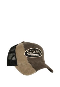Casquette en velours côtelé marron avec un dos en mesh, arborant un patch ovale central sur lequel est inscrit "Von Dutch California" en lettres noires et beiges.