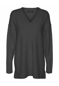 Maglione grigio scuro a V con maniche lunghe, polsini e orlo a costine. Presenta una vestibilità ampia e un dettaglio a cucitura verticale sul davanti. Texture morbida.