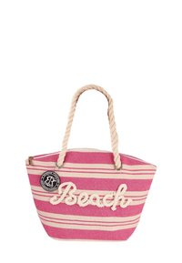 Gestreepte roze en beige strandtas met een touwhandgreep, voorzien van "Beach" borduurwerk in het wit. Met ritsluiting en een ronde logohangtag.