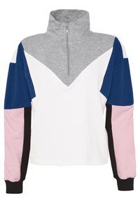 Pullover mit Viertelreißverschluss aus Baumwollmischung. Mit grauem Kragen, weißem Oberkörper, blauen und rosa Ärmeln mit schwarzen Akzenten. Geometrisches Farbblockdesign.