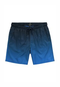 Modré plavky s elastickým pasem a šňůrkou. Mají gradientní barevný design, lehký materiál a boční kapsy.