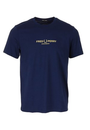 Navy blue cotton t-shirt featuring a crew neck, short sleeves, and a gold logo centered on the chest that reads "FRED PERRY SPORTWEAR."