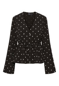 Mustvalge ruuduline mähkidesörper, millel on pikad varrukad, seotud vöökoht ja hajutatud valgete täppide muster. Valmistatud kergest kangast, millel on pehme tekstuur.