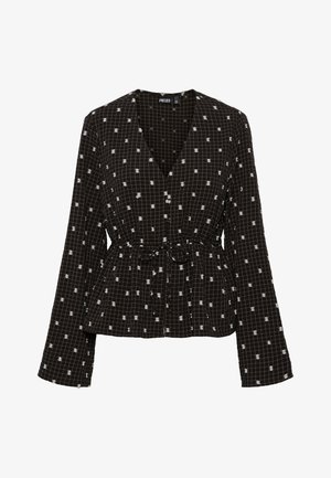 Mustvalge ruuduline mähkidesörper, millel on pikad varrukad, seotud vöökoht ja hajutatud valgete täppide muster. Valmistatud kergest kangast, millel on pehme tekstuur.