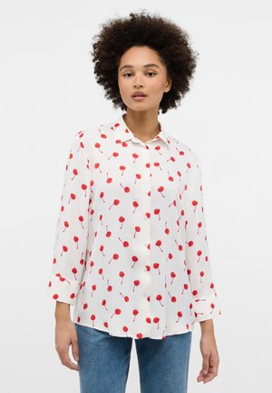 White button-up shirt with a red cherry pattern, featuring long sleeves with cuffs, made of lightweight fabric.