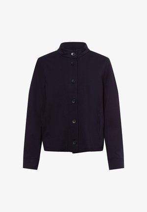 Navy blue cardigan jacket made of soft fabric, featuring a high collar, front button closure with six black buttons, and long sleeves.