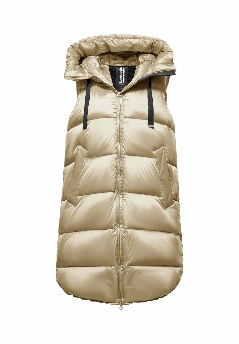 Lichtbeige puffervest met een hoge kraag, voorrits en zwarte aansnoerkoorden. Beschikt over twee zijzakken en doorgestikte delen voor isolatie.