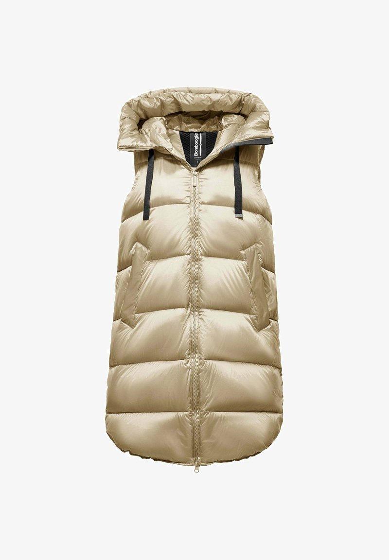 Lichtbeige puffervest met een hoge kraag, voorrits en zwarte aansnoerkoorden. Beschikt over twee zijzakken en doorgestikte delen voor isolatie.