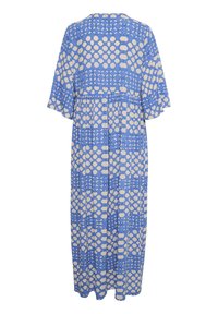 Blå maxiklänning med korta ärmar, prydd med ett mönster av krämfärgade cirklar och hexagoner, tillverkad av lättviktsmaterial, åtskild vid midjan.