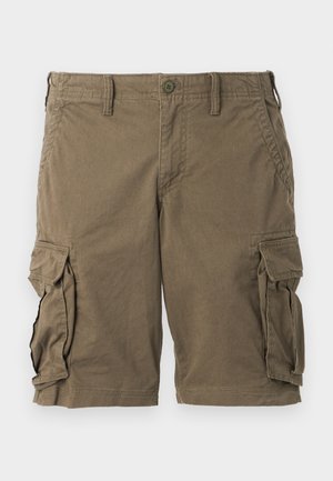 Brown cargo shorts with button and zipper closure, belt loops, front pockets, and side flap pockets on both legs.
