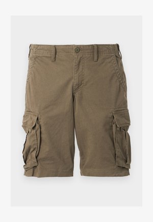 Brown cargo shorts with button and zipper closure, belt loops, front pockets, and side flap pockets on both legs.