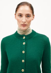 Vrouw met achterovergekamd haar, gekleed in een beige coltrui en een groene knopencardigan, die recht in de camera kijkt op een witte achtergrond.