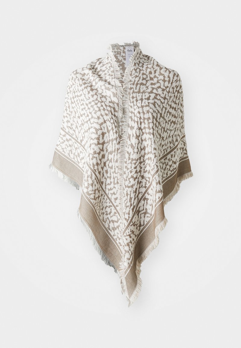 Lett sjal i krem med taupe blomsterdesign, med frynsede kanter og trekantet fasong. Myk tekstur og lagdelt design.