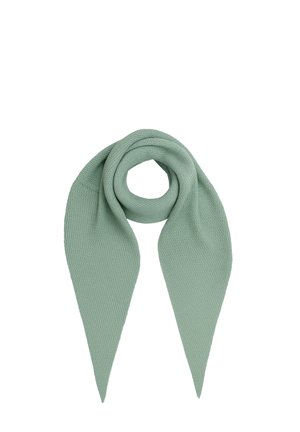 Hellgrüner gestrickter Schal mit strukturiertem Muster, zu einer Schlaufe gebunden mit zwei langen spitzen Enden, die herunterhängen.