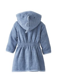Blaue Bademantel aus Frottier mit einer kapuzenförmigen Wal-Design, ausgestattet mit einem gerafften Bund, langen Ärmeln und weichem Material.