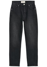 Svarta denimjeans med rak benavskärning, utrustade med två framfickor, en metallknapp och kontrasterande sömnadsdetaljer.