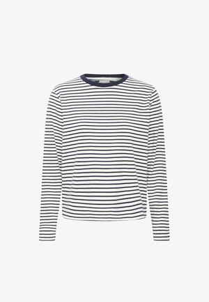 Majica s dolgimi rokavi iz mehkega materiala, ki ima horizontalne mornarsko modre in bele proge, okroglo ovratnico in ravno silhueto.