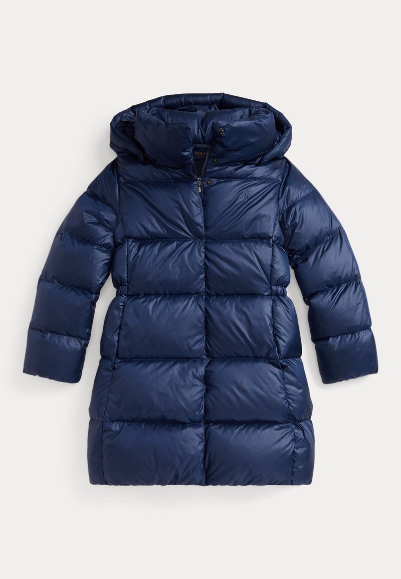 Doudoune longue bleu marine avec capuche, motif matelassé, fermeture éclair et boutons-pression, et manches longues.