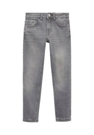 Grå slim-fit jeans med frontknap, lynlås og design med fem lommer, vist fladt på hvid baggrund.