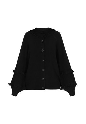Schwarze Strickjacke mit langen Ärmeln, Frontknöpfen, Fransenkragen und -manschettendetails sowie voluminösen, geschichteten Ärmeln.