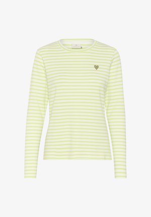 Majica s dolgimi rokavi, bela in svetlo zelena prosta, izdelana iz mehkega materiala, z majhnim vezenim zlatim srcem na prsih.