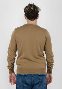 Maglione marrone a maniche lunghe con scollatura rotonda, polsini e orlo ribattuti, indossato con jeans in denim blu. Tessuto strutturato e design aderente.