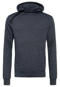 Bluza z kapturem w ciemnoszarym materiale o fakturowanym wykończeniu, z suwakiem na ramieniu i kieszeniami kangurzymi.