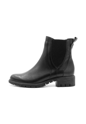 Musta nahkainen Chelsea-saapas paksulla pohjalla, joustavilla sivupaneeleilla ja vetokielekkeellä takana.