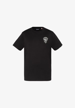 T-shirt noir à manches courtes avec logo blanc "Custom Biker Winally Schott" sur la poitrine gauche et col rond.